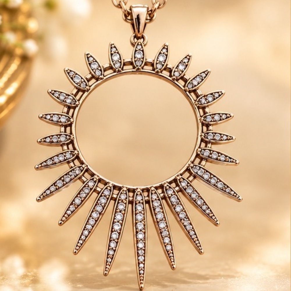 Sunburst Sun Ray Necklace Pavé Crystal Pendant Adjustable Long Gold Tone